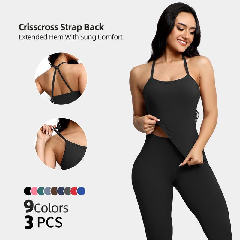 CHRLEISURE 3PCS Tank Strappy Back Yoga & Fitness Top for Women Flattering Fit Comfortable Stretch High Elasticity Breathable Comfortable