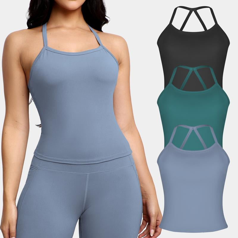 CHRLEISURE 3PCS Tank Strappy Back Yoga & Fitness Top for Women Flattering Fit Comfortable Stretch High Elasticity Breathable Comfortable