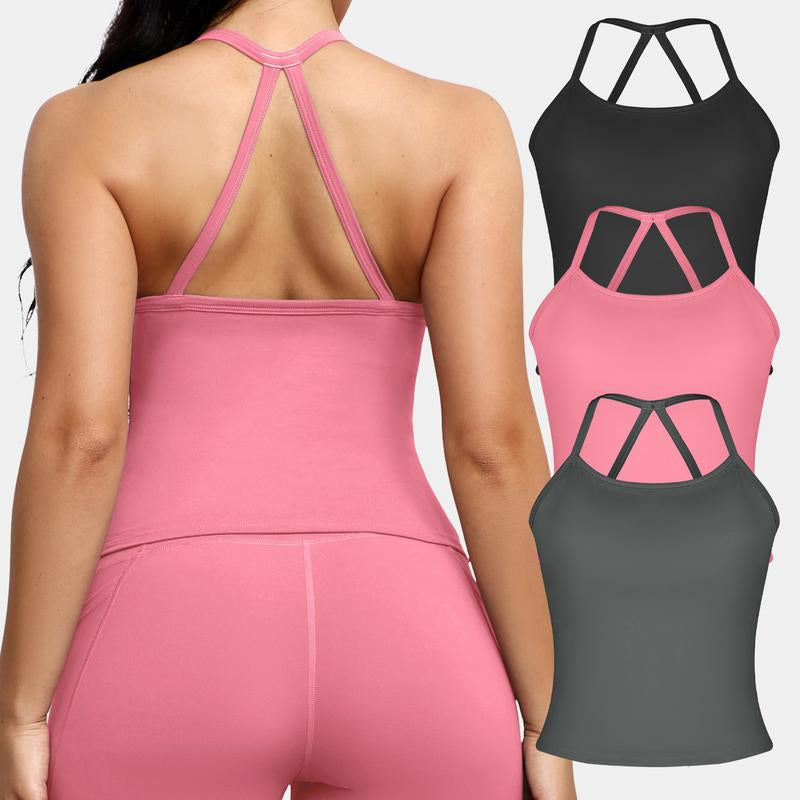 CHRLEISURE 3PCS Tank Strappy Back Yoga & Fitness Top for Women Flattering Fit Comfortable Stretch High Elasticity Breathable Comfortable