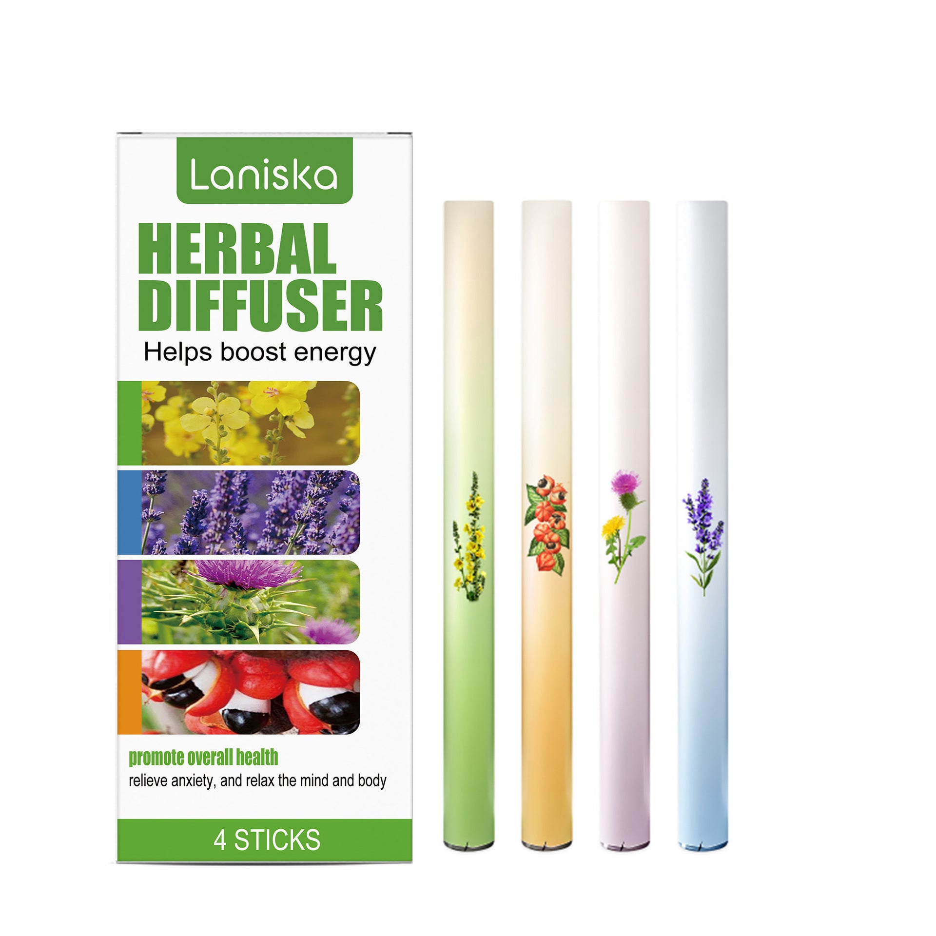 Laniska Herbal Diffuser packaging with four sticks and floral illustrations on a white background